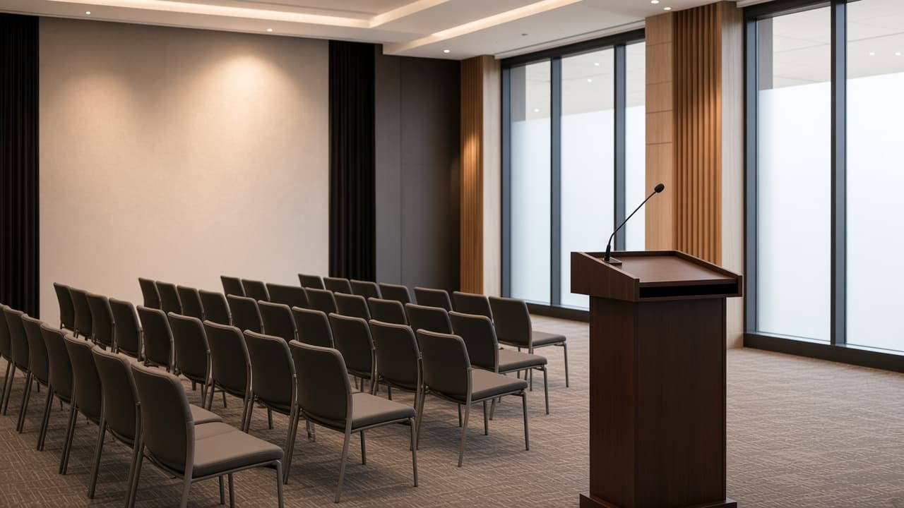 Empty conference stage — FrontCFO Speaking